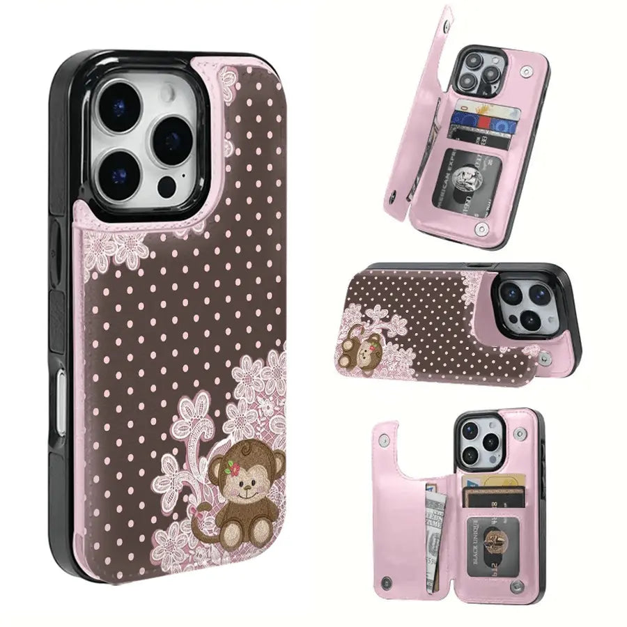 A Monkey with a Bow against a Brown Background Textured Leather Card Holder Phone Case - Compatible with the 17 Pro Max/Air/16/15/14/13/12/11 Series, as Well as the S22/S23/S24/25 Series. an Ideal Gift Choice For.