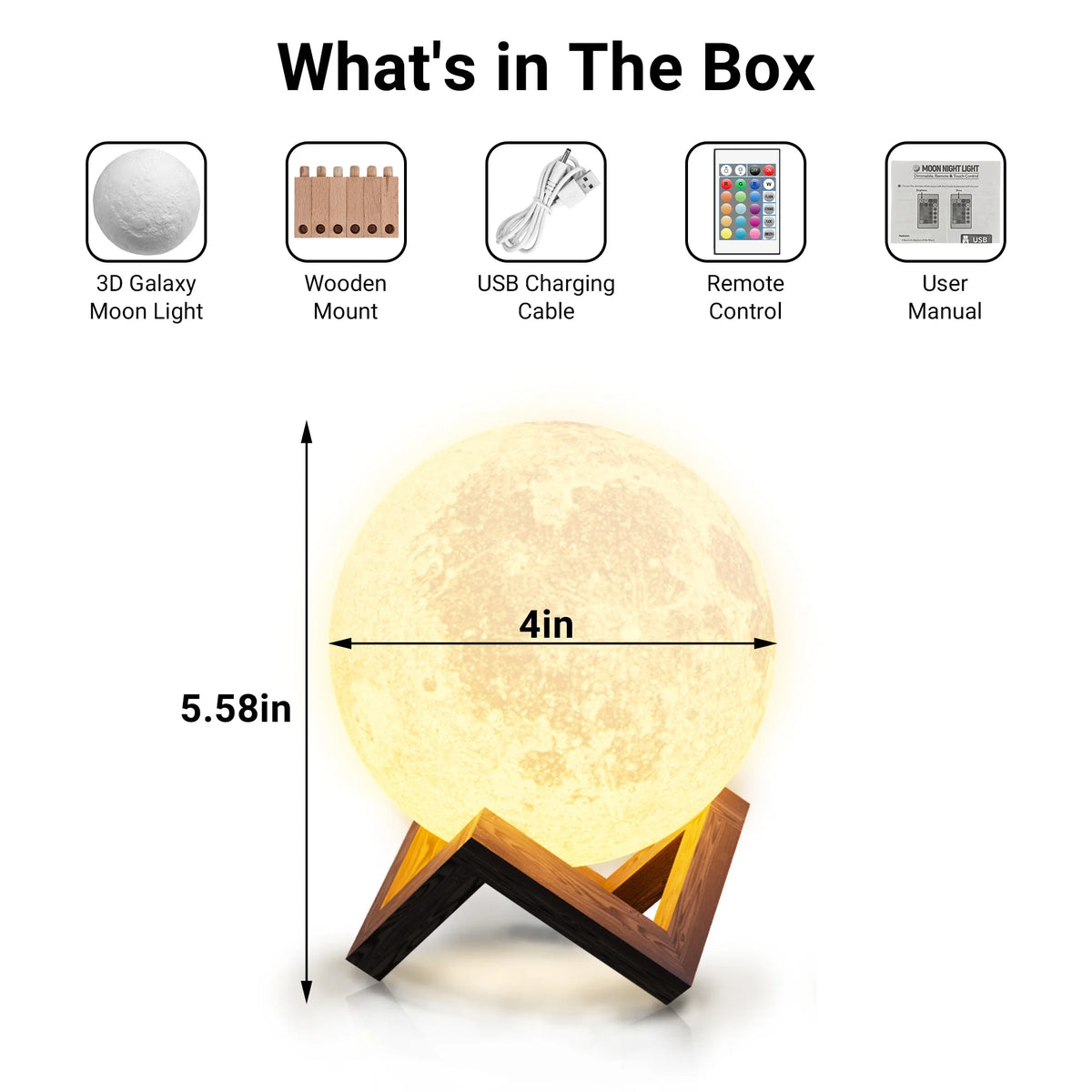 Moonlight Night Light for Kids Adults, 4Inch/3D Printing Moon Lamp Night Lamp for Bedroom Decor, 16 Color Moon Decor for Kids Bedroom Decor