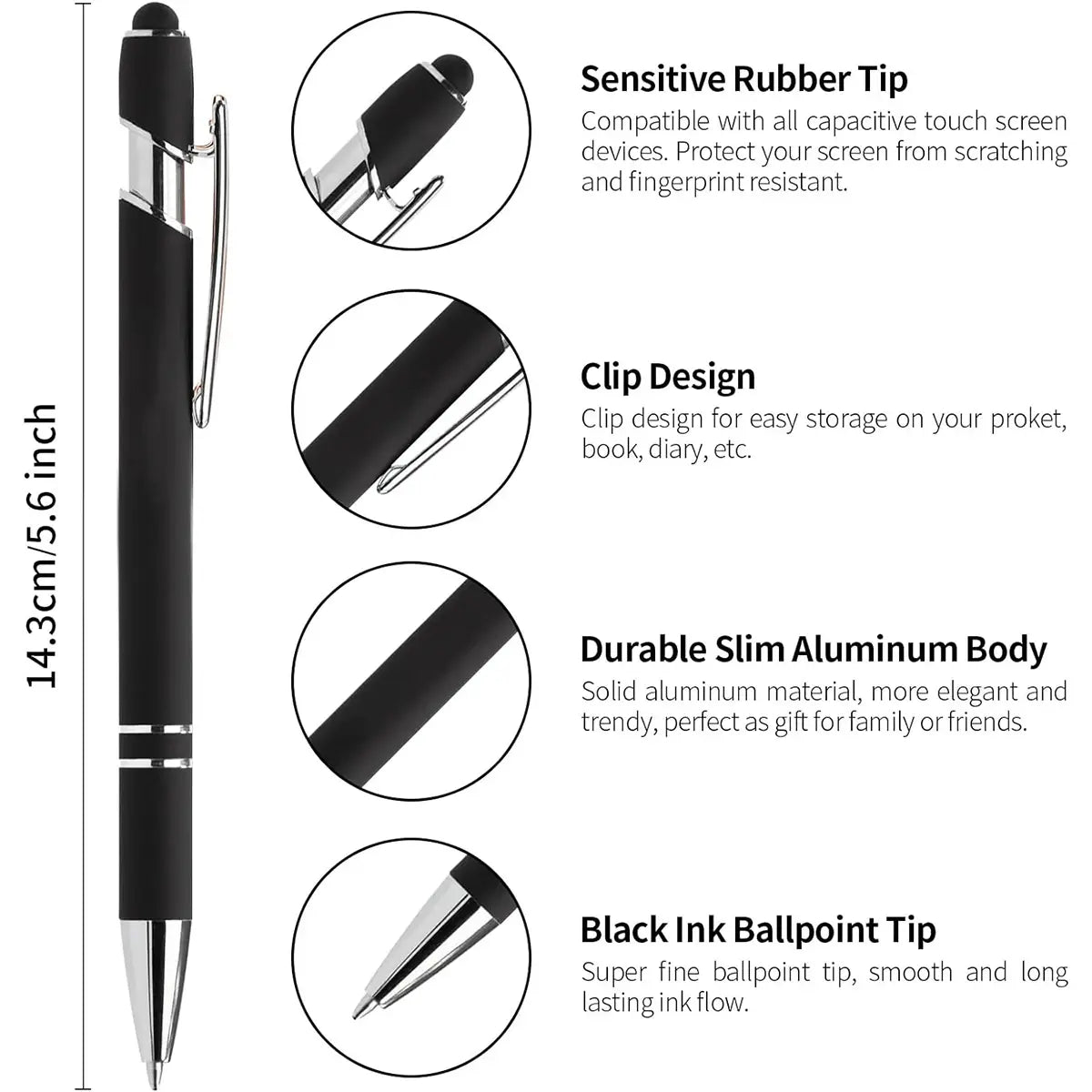 Metal Ballpoint Stylus Pens (6-48 Pcs) - 0.7Mm Silky Ink, Smooth Everyday Writing, Rubber Grip, 1.50In W X 0.275In H, Custom Message Option (Leave a Note on What You Want Your Custom Message to Say), Ideal for Office Use, Aluminum, Blank