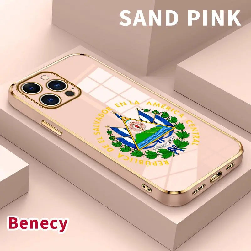 Electroplated Slim Profile TPU Silicone Shell for Iphone 11/12/13/14/15/16/17 Pro Max/Air/Plus, El Salvador Emblem Phone Case with Lens Guard, Shock-Absorbent Dirt-Proof Easy-To-Clean Protection Accessory Gift