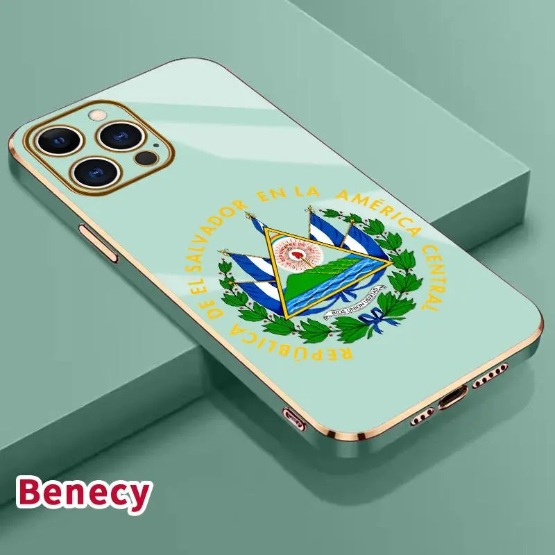 Electroplated Slim Profile TPU Silicone Shell for Iphone 11/12/13/14/15/16/17 Pro Max/Air/Plus, El Salvador Emblem Phone Case with Lens Guard, Shock-Absorbent Dirt-Proof Easy-To-Clean Protection Accessory Gift