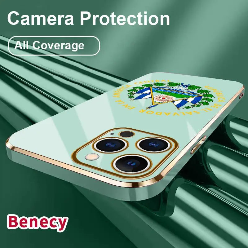 Electroplated Slim Profile TPU Silicone Shell for Iphone 11/12/13/14/15/16/17 Pro Max/Air/Plus, El Salvador Emblem Phone Case with Lens Guard, Shock-Absorbent Dirt-Proof Easy-To-Clean Protection Accessory Gift