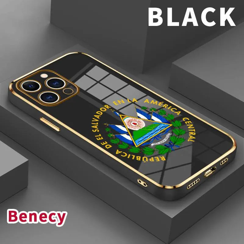 Electroplated Slim Profile TPU Silicone Shell for Iphone 11/12/13/14/15/16/17 Pro Max/Air/Plus, El Salvador Emblem Phone Case with Lens Guard, Shock-Absorbent Dirt-Proof Easy-To-Clean Protection Accessory Gift