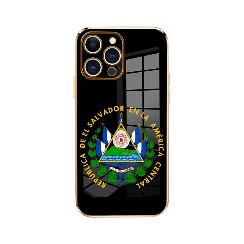 Electroplated Slim Profile TPU Silicone Shell for Iphone 11/12/13/14/15/16/17 Pro Max/Air/Plus, El Salvador Emblem Phone Case with Lens Guard, Shock-Absorbent Dirt-Proof Easy-To-Clean Protection Accessory Gift