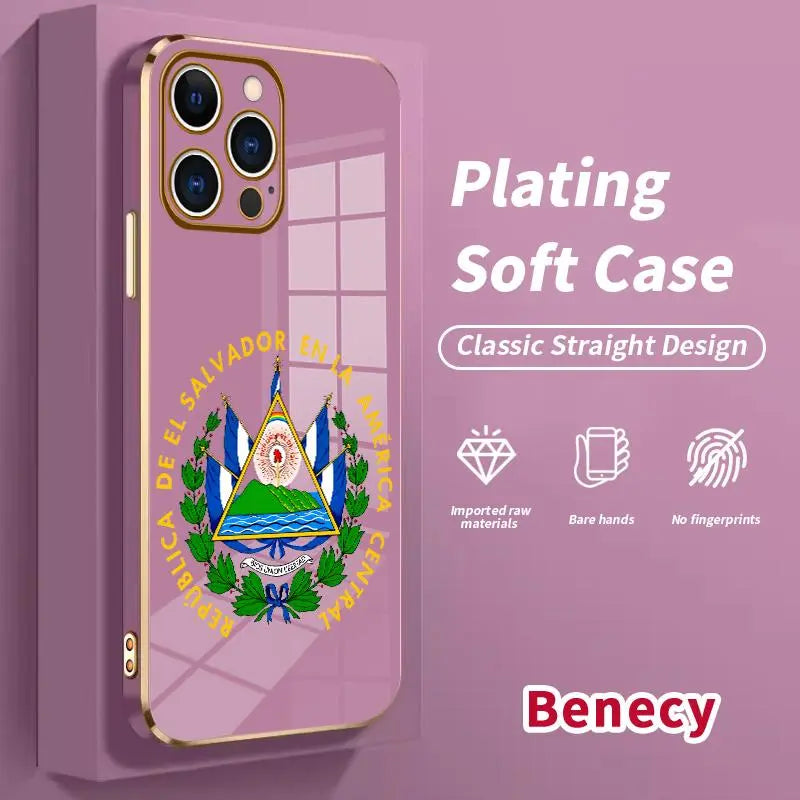 Electroplated Slim Profile TPU Silicone Shell for Iphone 11/12/13/14/15/16/17 Pro Max/Air/Plus, El Salvador Emblem Phone Case with Lens Guard, Shock-Absorbent Dirt-Proof Easy-To-Clean Protection Accessory Gift