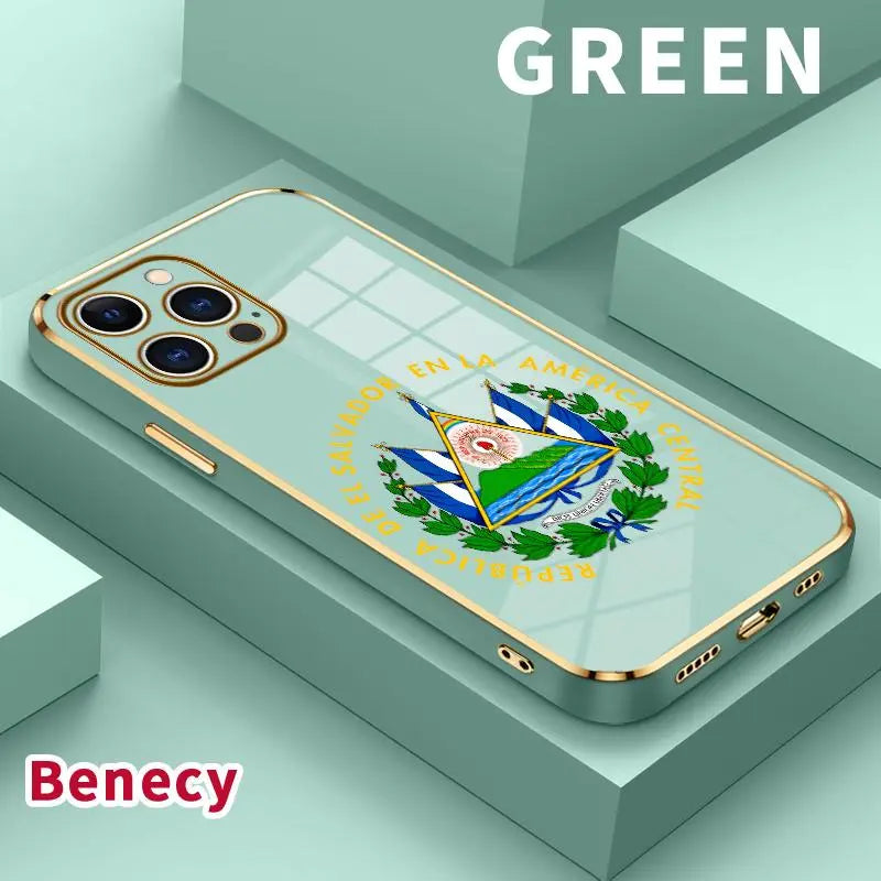 Electroplated Slim Profile TPU Silicone Shell for Iphone 11/12/13/14/15/16/17 Pro Max/Air/Plus, El Salvador Emblem Phone Case with Lens Guard, Shock-Absorbent Dirt-Proof Easy-To-Clean Protection Accessory Gift